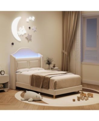 Twin Bed Frame for Kids, Velvet Princess Platform, Wingback, Bookcase Headboard, LED Lights, Beige