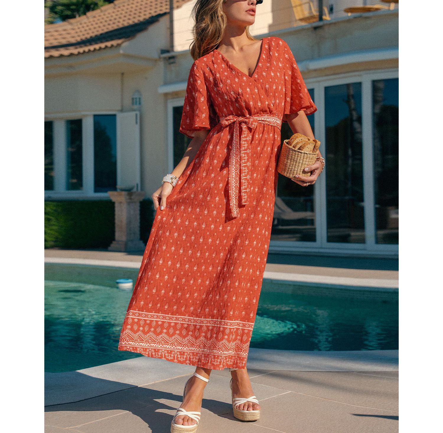 Women's Bohemian Printed Maxi Dress with Belt