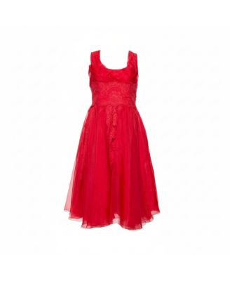 Women's Red Silk Organza Lace Trim Flared Dress