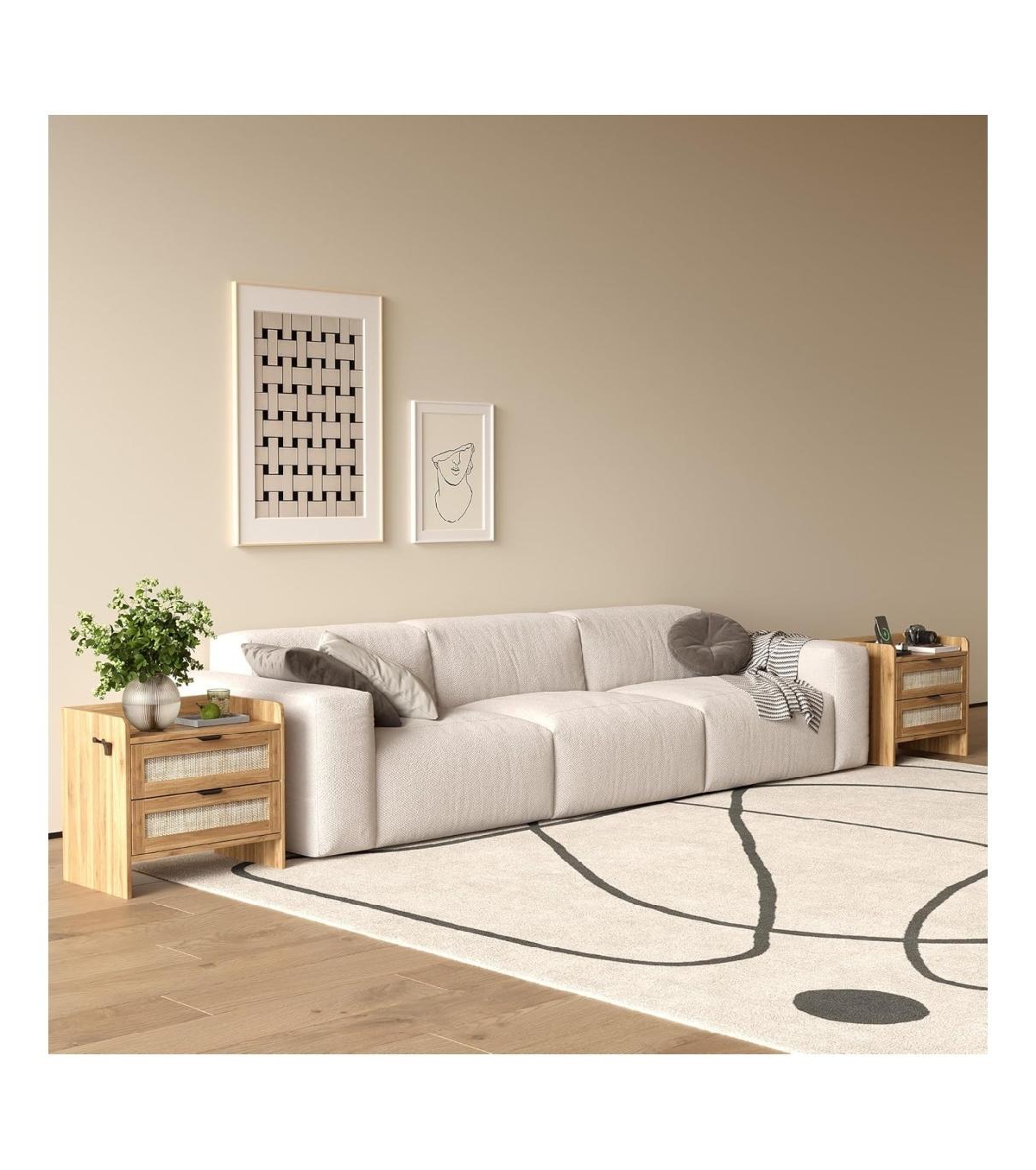 gaomon 1PC Walnut Brown Rattan Nightstand, 2-Drawer Bedside Table with Type-c Charging Station