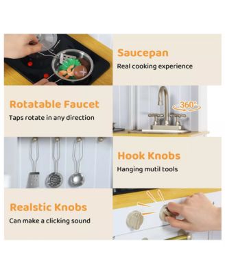 Pretend Play Kitchen Wooden Toy Set for Kids w/Lights & Sounds, Utensils, Oven, Microwave