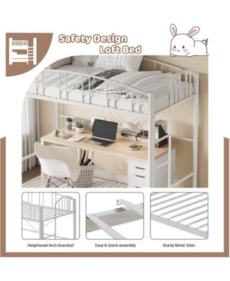 Twin Metal Loft Bed Steel Frame, Arched Guardrails, Ladder, Space-Saving