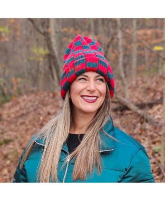 Women's Two-Tone Checkerboard Knit Beanie - Red + Green