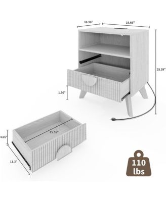 Set of 2 Natural Oak Fluted Wood Nightstands, Bedroom Bedside Table with USB Charging Station