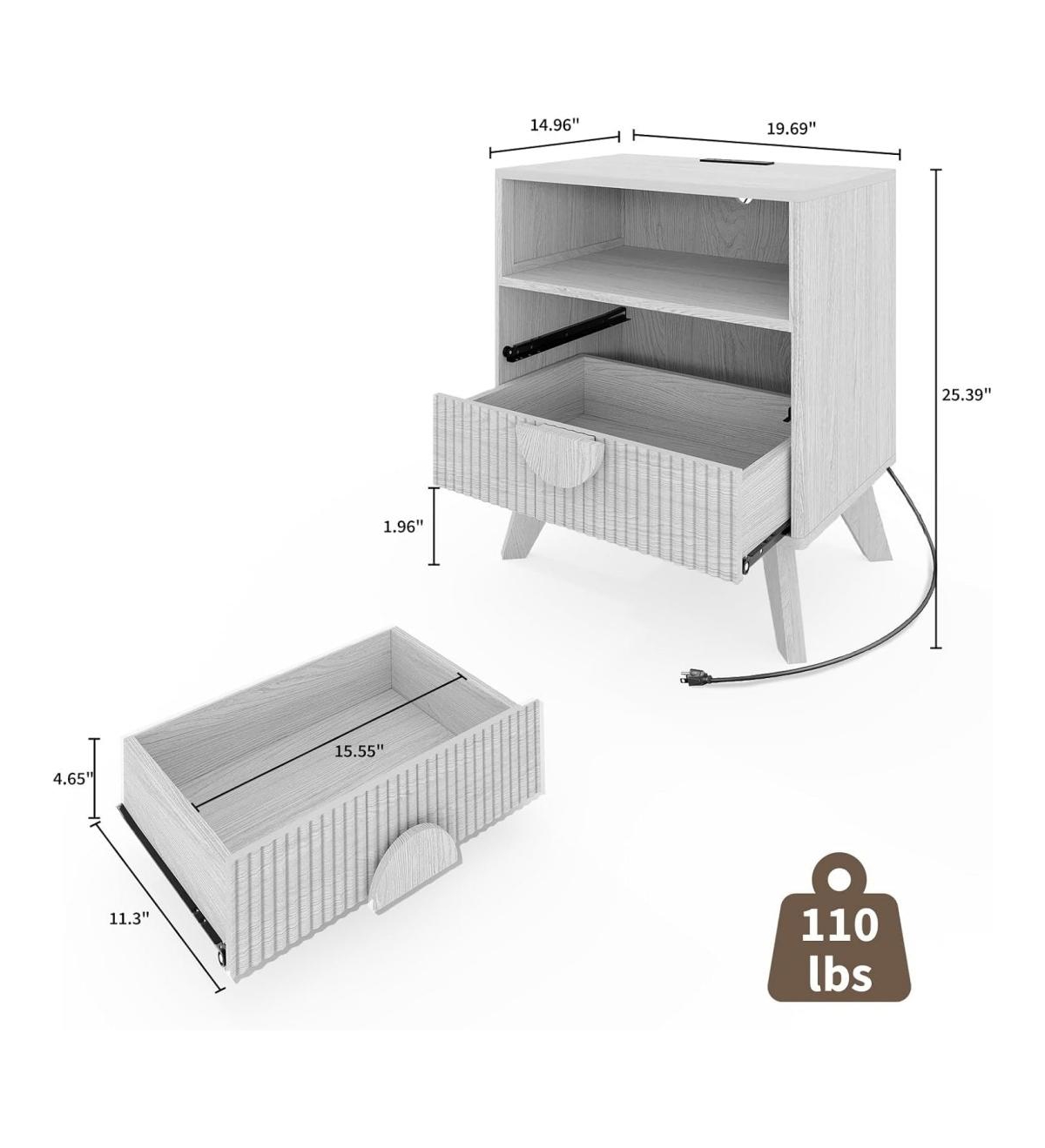 gaomon Set of 2 Natural Oak Fluted Wood Nightstands, Bedroom Bedside Table with Usb Charging Station