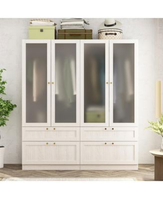 Wardrobe Closet with 2 Glass Doors & 2 Drawers, Wardrobe Closet Armoire with Hanging Rod