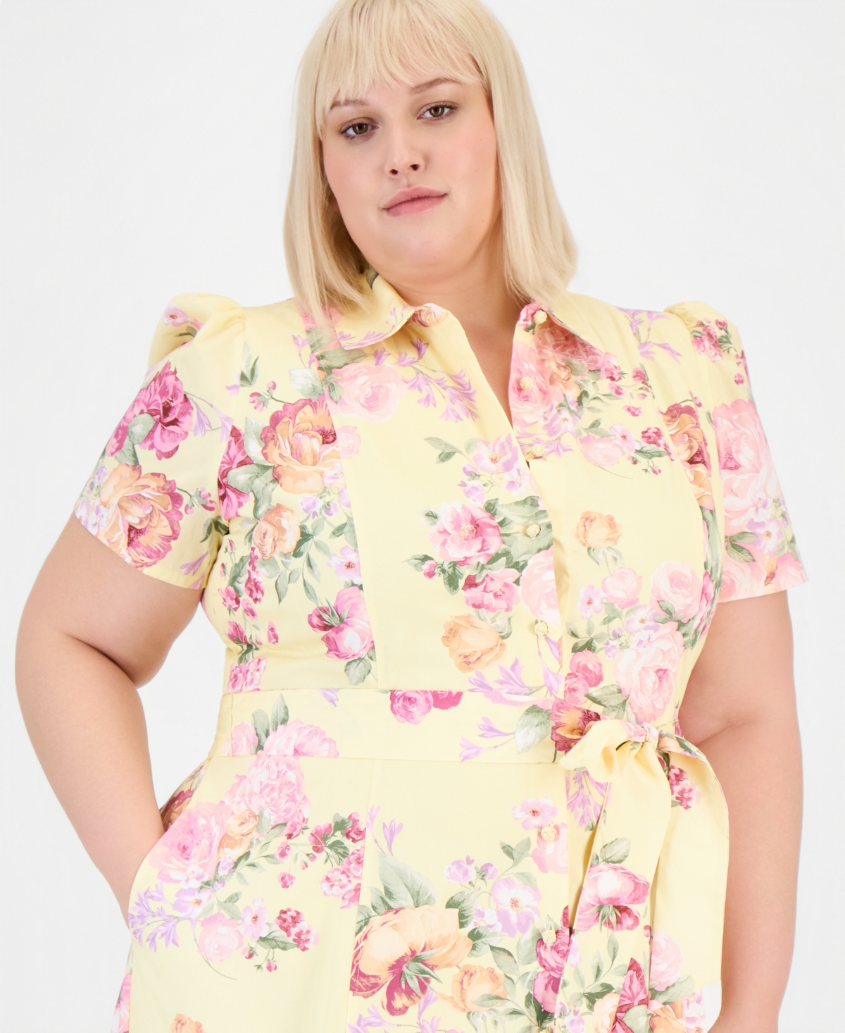 Anne Klein Plus Printed Belted Tiered Cotton Poplin Midi Dress