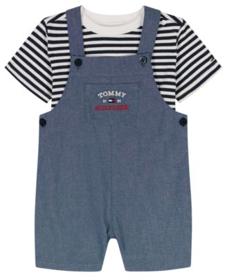 Baby Boys' Striped Crewneck T-Shirt and Signature Denim Shortalls, 2-Piece Set