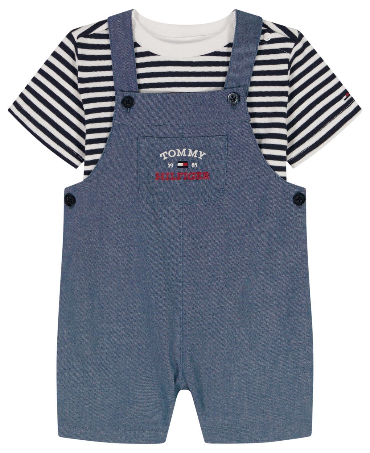 Tommy Hilfiger Baby Boys' Striped Crewneck T-Shirt and Signature Denim Shortalls, 2-Piece Set
