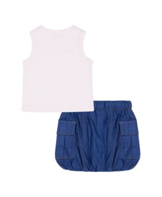 Baby Girls' Shirred Bodysuit & Flared Denim Skirt, 2-Piece Set