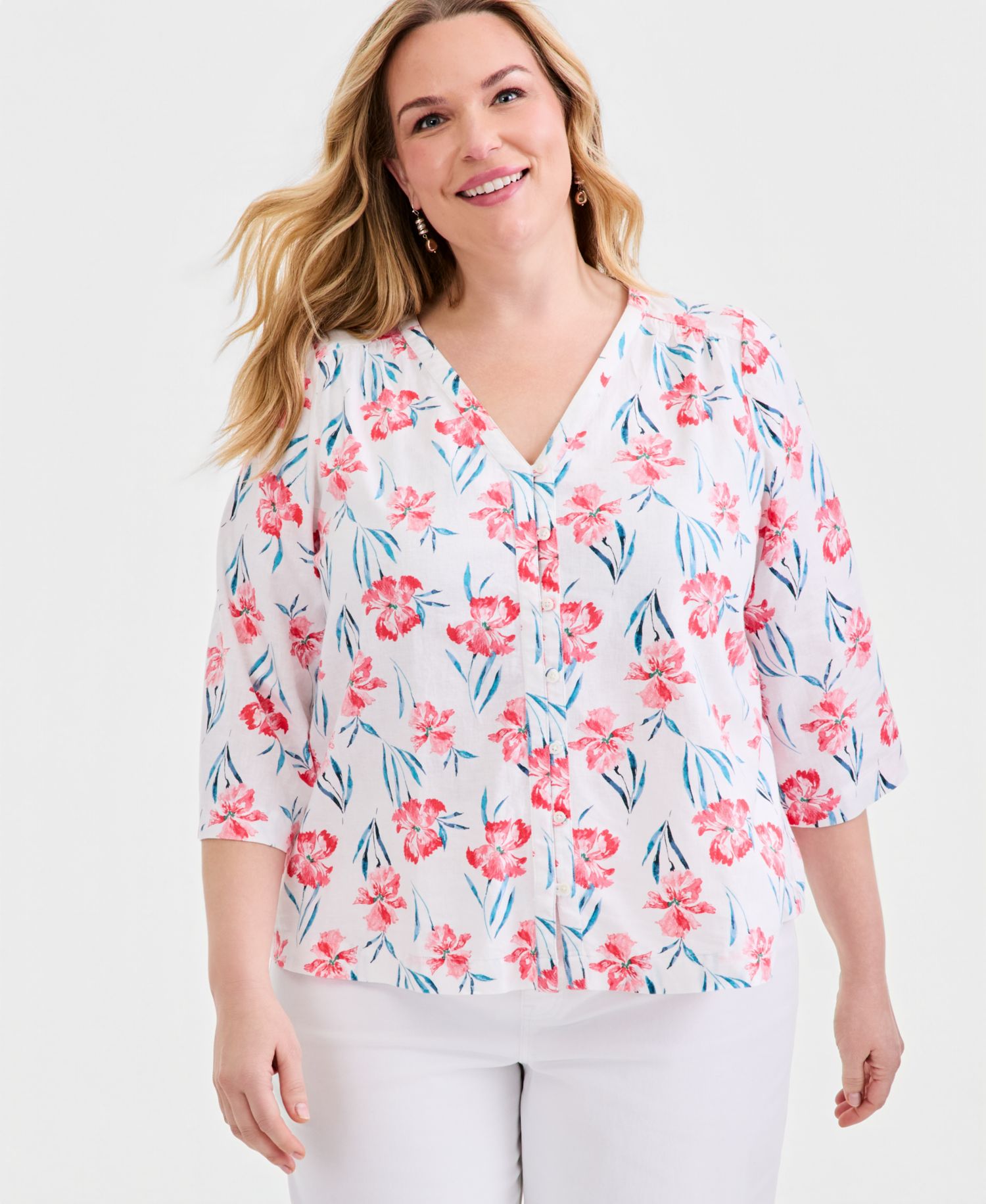 Plus Size Printed 3/4-Sleeve Linen Blend Blouse