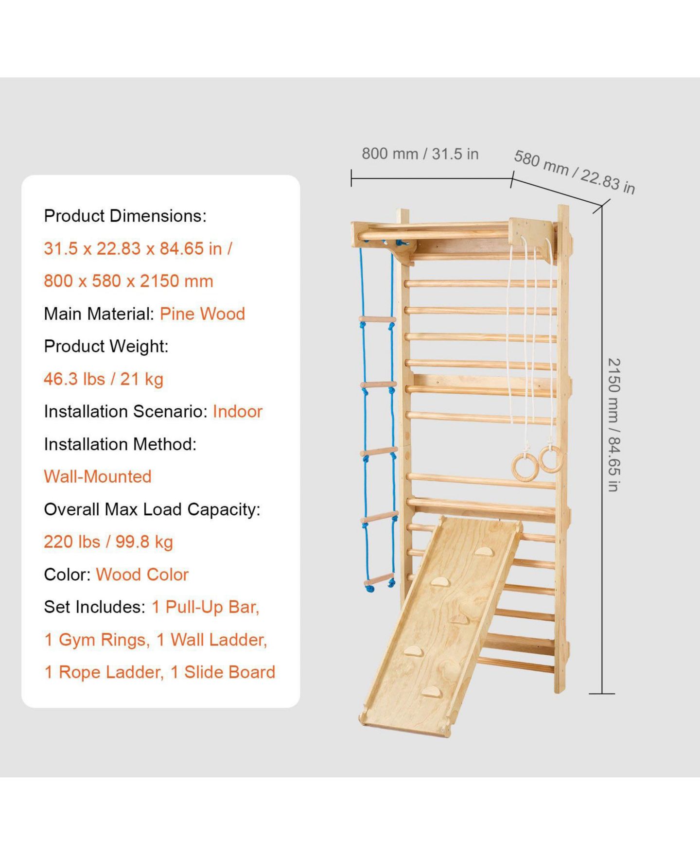 Детская игрушка SUGIFT 5-in-1 Swedish Ladder Wall Gym with Slide & Climbing Features, цвет: Натуральный — фото 5