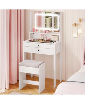 Small Vanity Desk with Lighted Mirror and Lights for Bedroom, Makeup Table