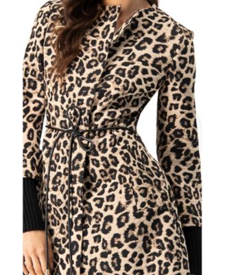 Women's Ribbed-Cuff Long Animal Print Coat