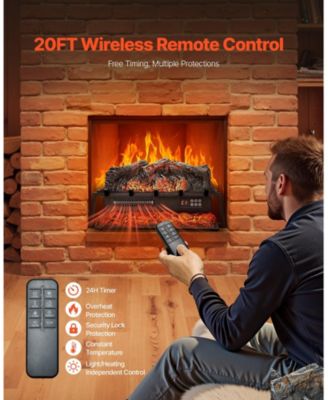 Electric Fireplace Log 25" Insert Heater with Remote Flames Timer Black