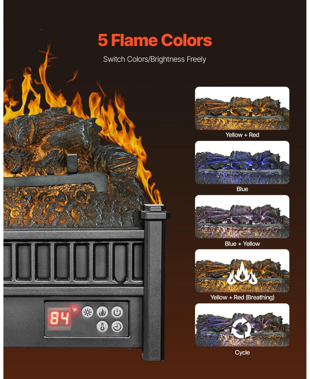 Electric Fireplace Log 20" Insert Heater with Remote 24H Timer Black