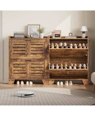 Shoe Storage Cabinet with 2 Flip Drawers, Narrow Shoe Cabinet for Entryway, Freestanding Hidden Slim Shoe Organizer Cabinet with Hooks