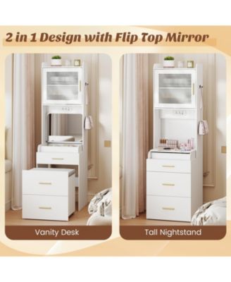 Makeup Vanity with Power Outlets and Flip-Top Mirror, Storage Stool Included