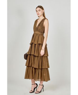 Women's Crinkled Deep V Tiered Maxi Dress
