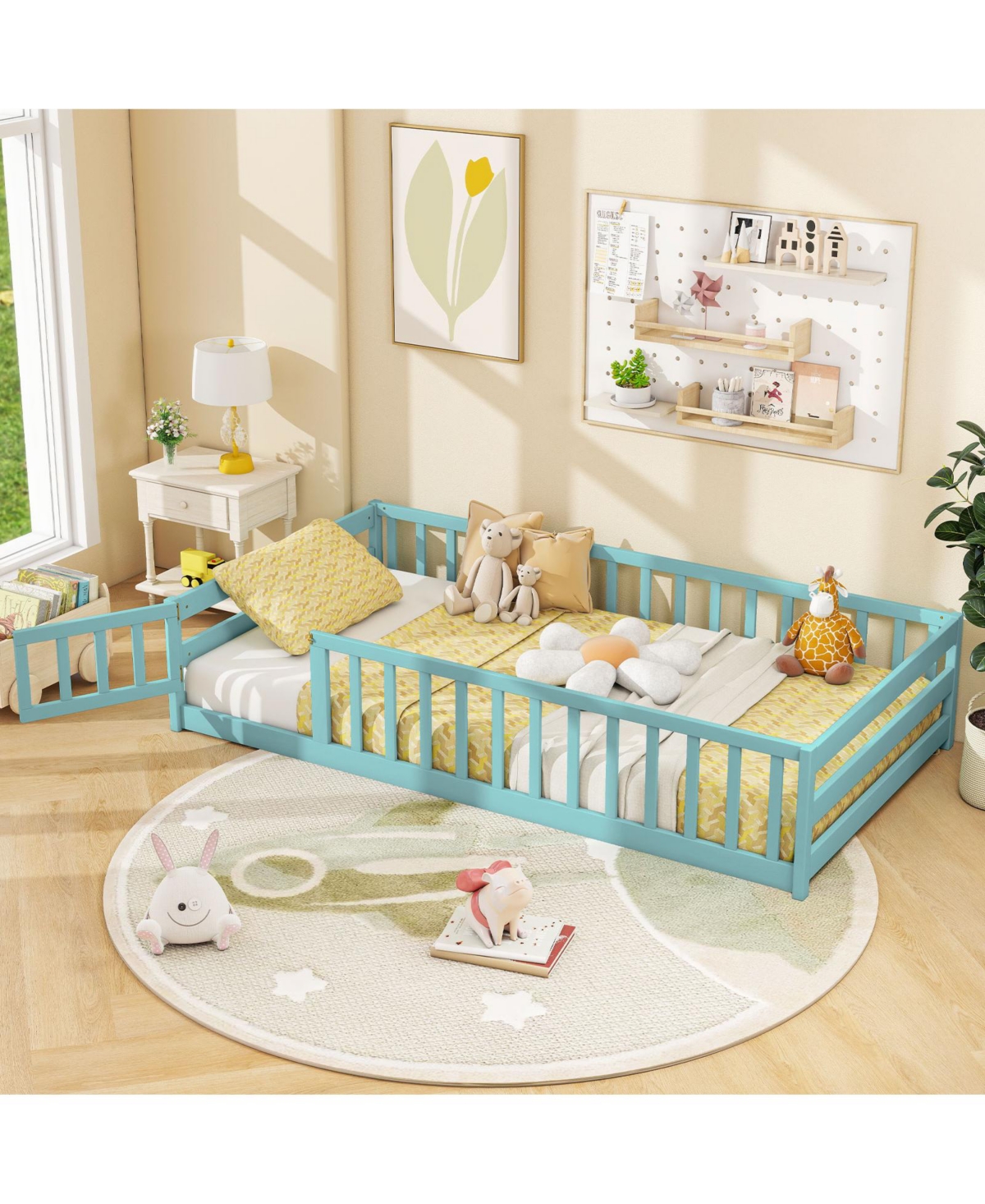 Twin Kids Wood Montessori Floor Bed with Door and Fence