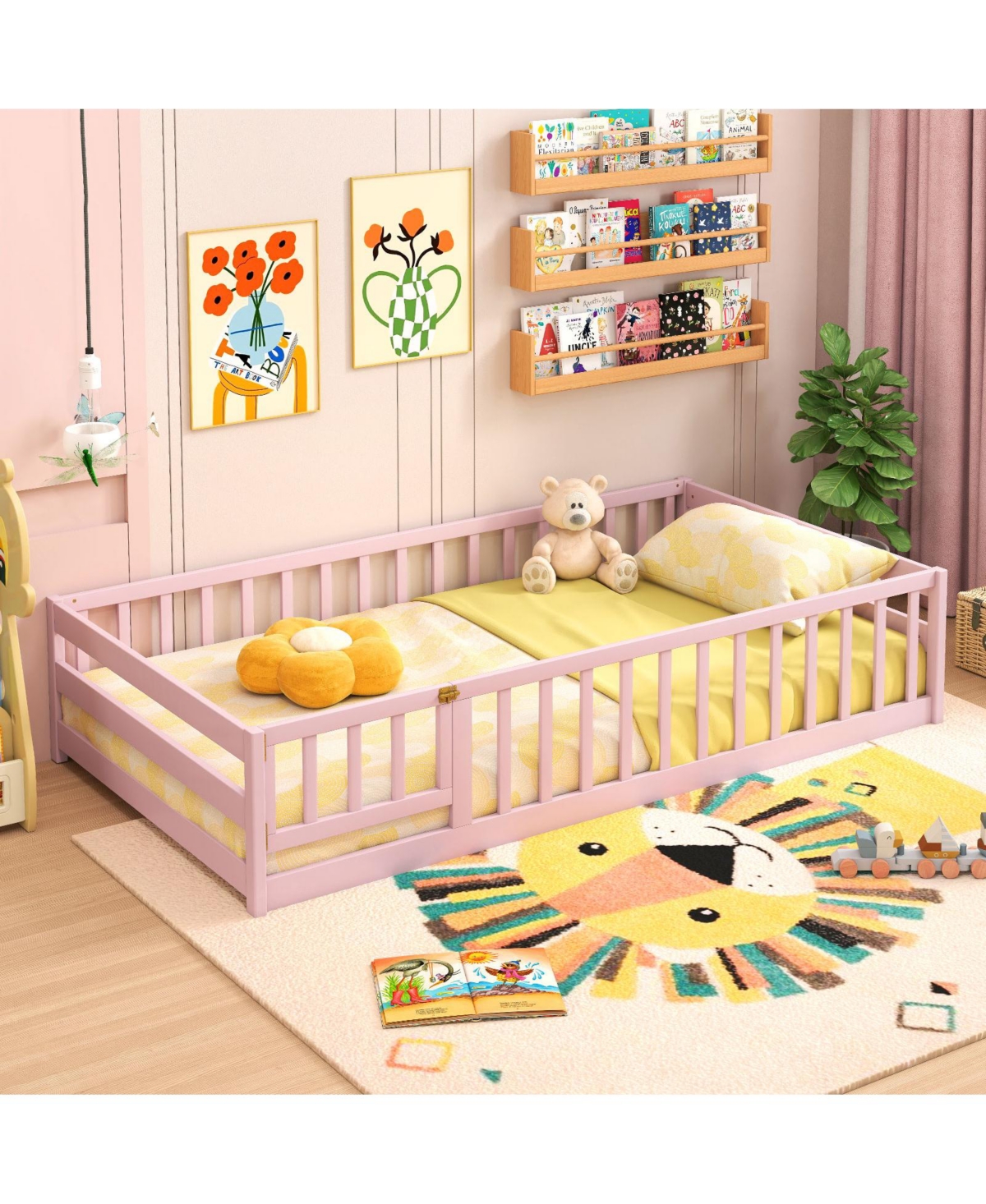 Twin Size Kids Wood Montessori Floor Bed with Door and Fence