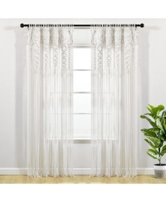 Boho Macrame Textured Cotton Window Curtain Panel Single 40"W x 95"L White - Macrame Curtains For Windows, Room Divider