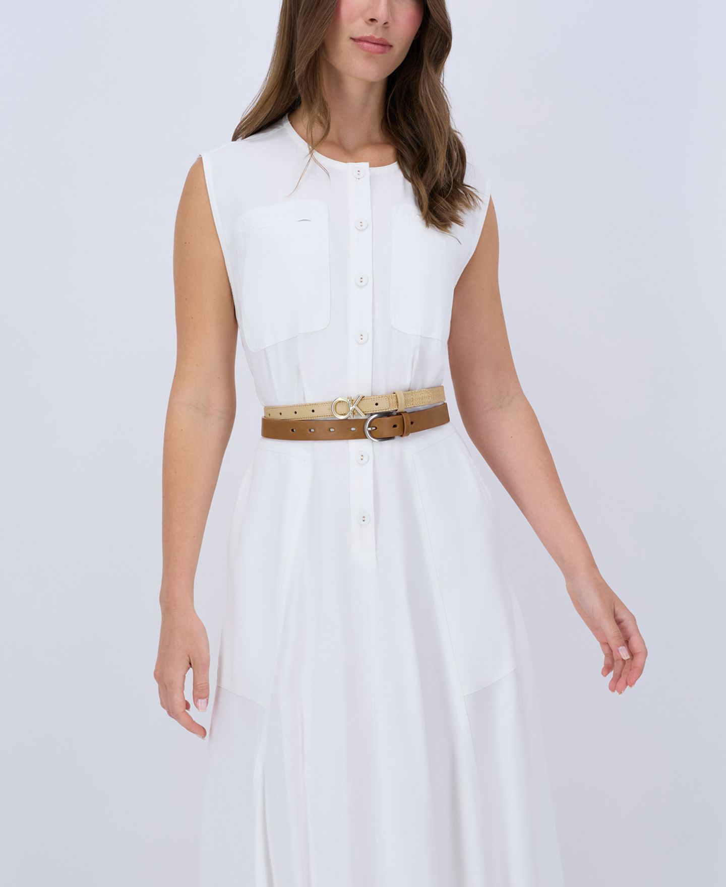 Женские ремни Calvin Klein Two Pack Belt Set - Skinny Monogram Buckle Belt and Harness Buckle Belt Set, цвет: Коньячный / Натуральный — фото 1