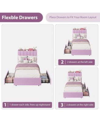 Twin Size Boucle Upholstered Platform Bed with Wavy Headboard, Storage Bookcase, 2 Drawers, No Box Spring Needed