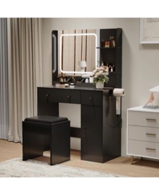 Lighted Vanity Desk Set, Bedroom Makeup Dressing Table with Comfortable Padded Stool