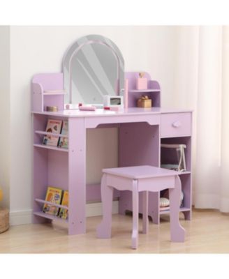 2-in-1 Kids Vanity Set with Lighted Mirror, Table, Stool & Storage Bookshelf