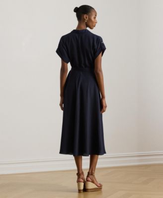 Women's Belted Crepe Surplice Neck Dress