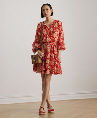 Women's Print Ruffle Trim Band Collar Tiered Dress