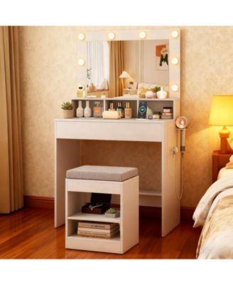 31.5" Vanity Desk with Lighted Mirror, 3 Lighting Modes, and Storage Shelves