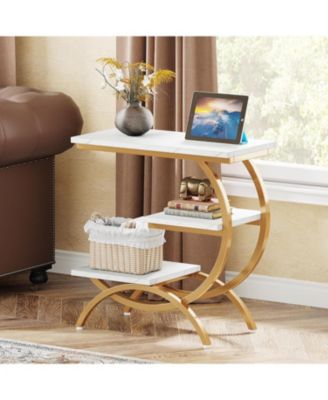 C-Shaped End Table Set of 2, Industrial 3-Tier Small Side Table for Couch, Wood Bedside Table Snack Side Table with Storage Shelves