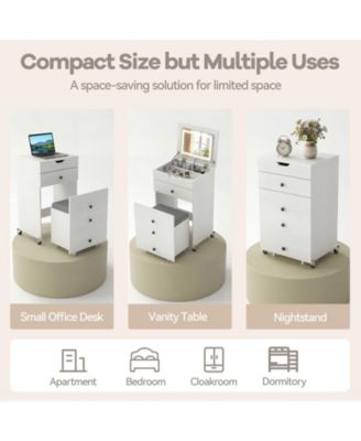 3-in-1 Small Vanity Set with Flip-Top Lighted Mirror, Drawers, and Stool