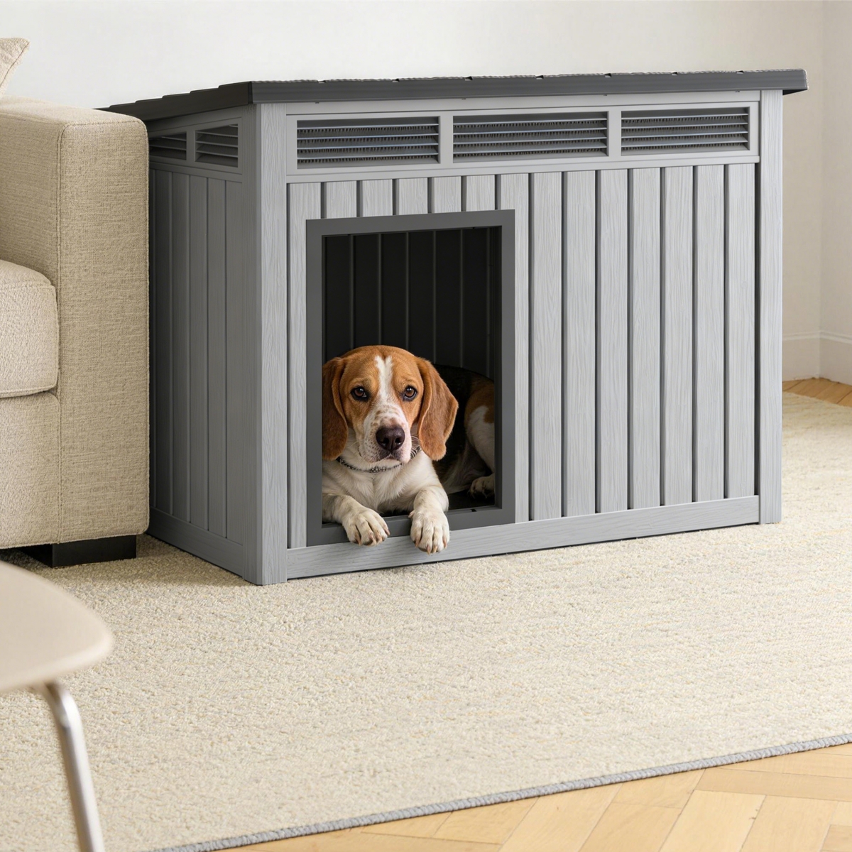 Decksplore 259 inclined top air pole kennel gray and black Spacious All Season Dog Cage with Elevated Base Weatherproof Construction