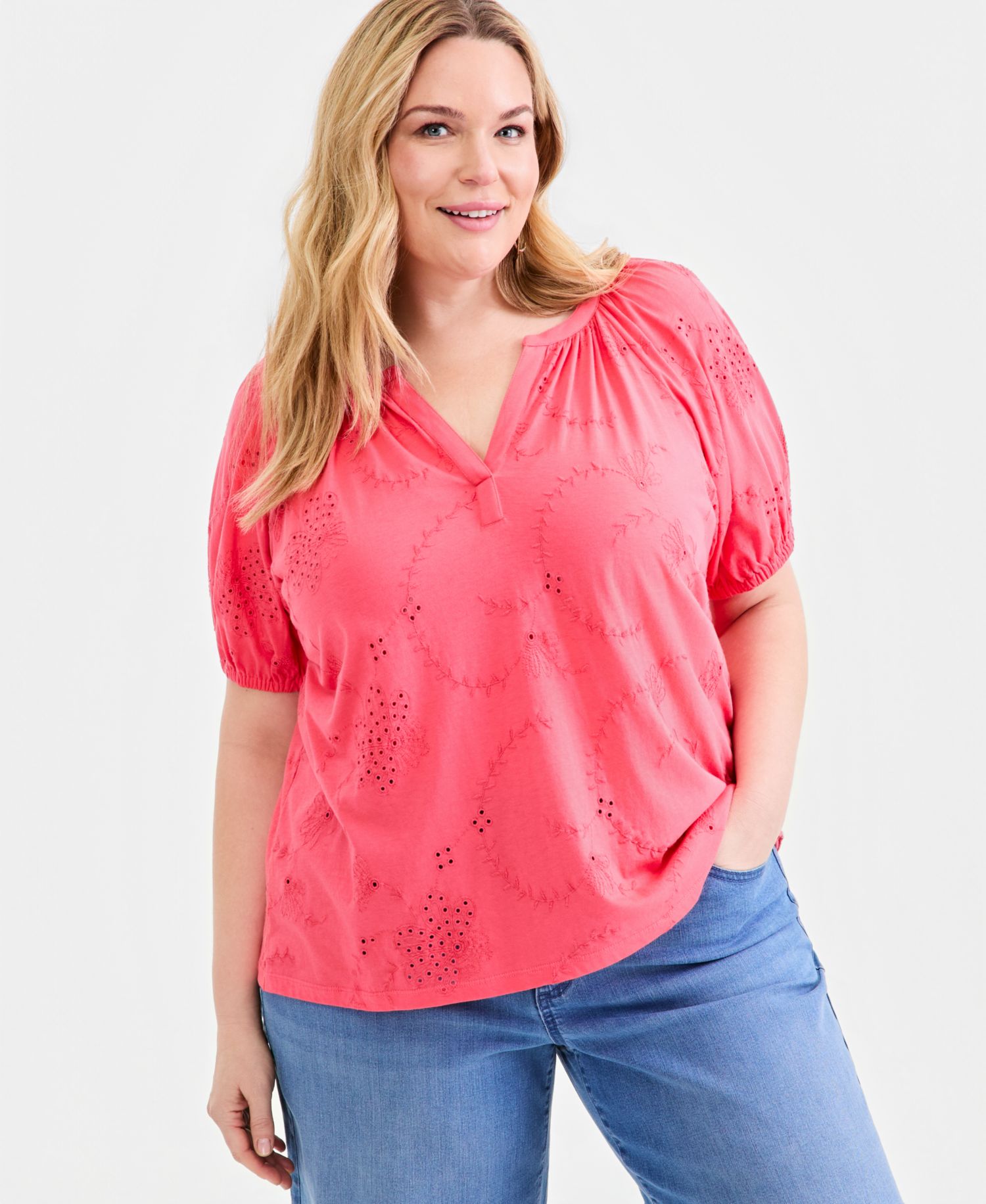 Plus Size Short-Sleeve Eyelet Top