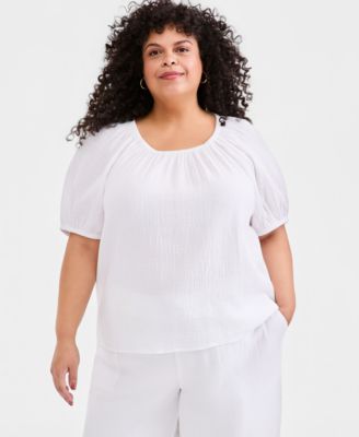 Plus Size Solid Scoop-Neck Cotton Gauze Top