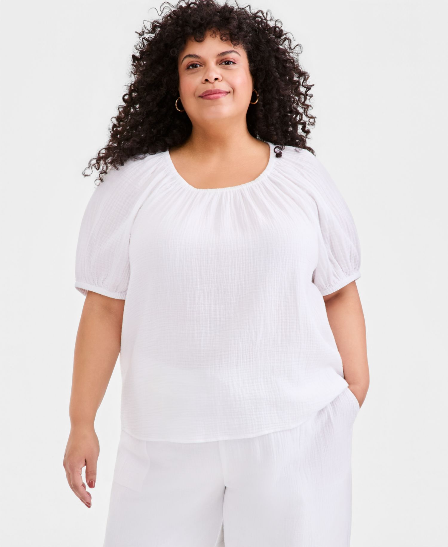 Plus Size Cotton Gauze Scoop-Neck Puff-Sleeve Top