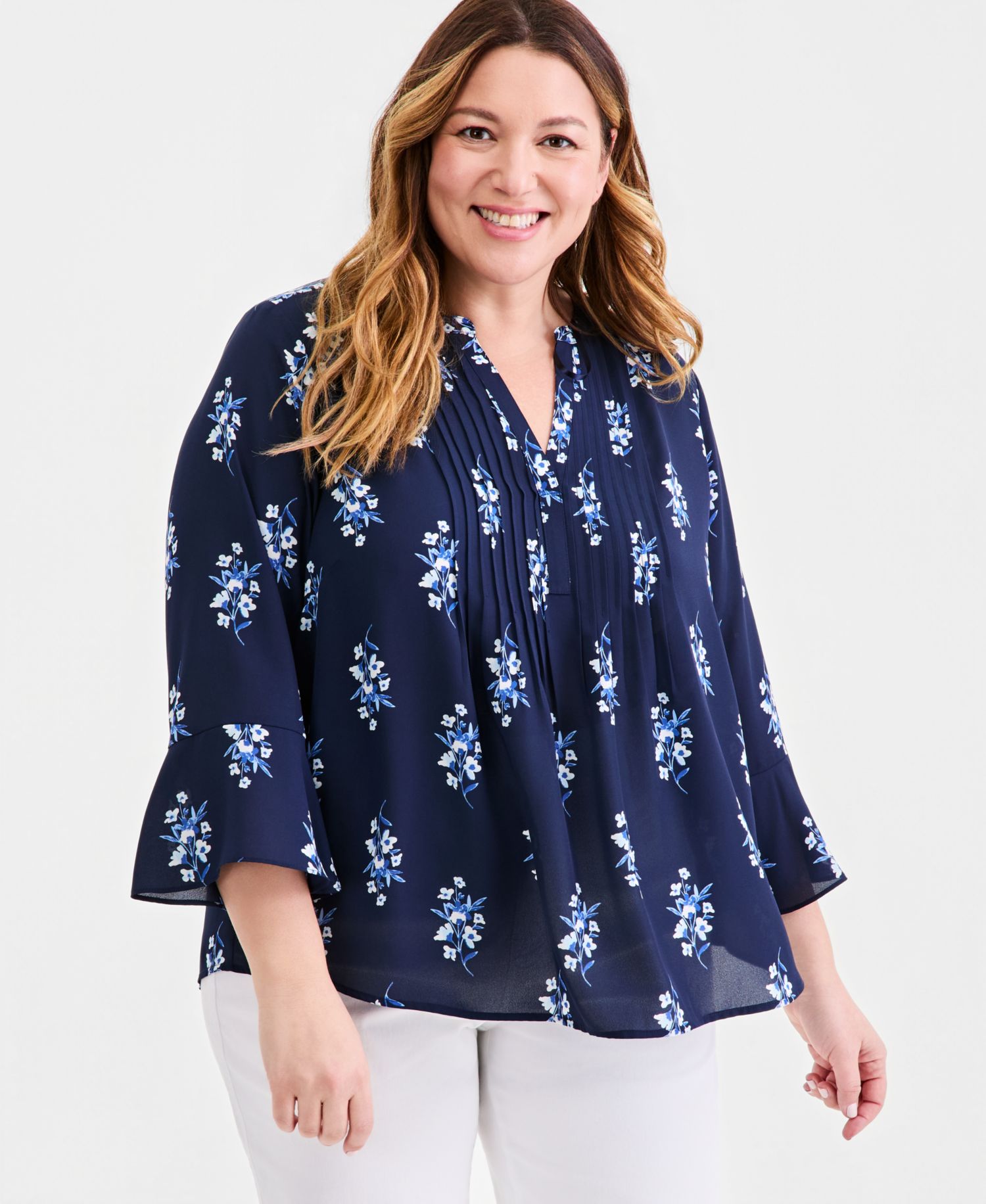 Plus Size Printed Pintuck Bell-Sleeve Top