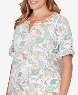 Plus Size Printed Elbow Sleeve Banded V-Notch Top