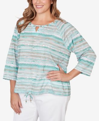 Plus Size Printed Slub 3/4 Sleeve Blouson Top