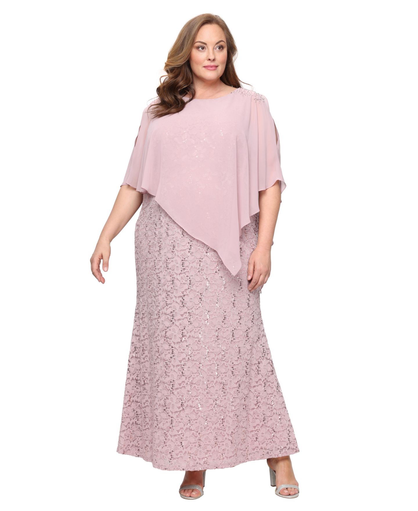 Женское платье SL Fashions Round-Neck Sequin Lace Cape, цвет: Пудровый — фото 1
