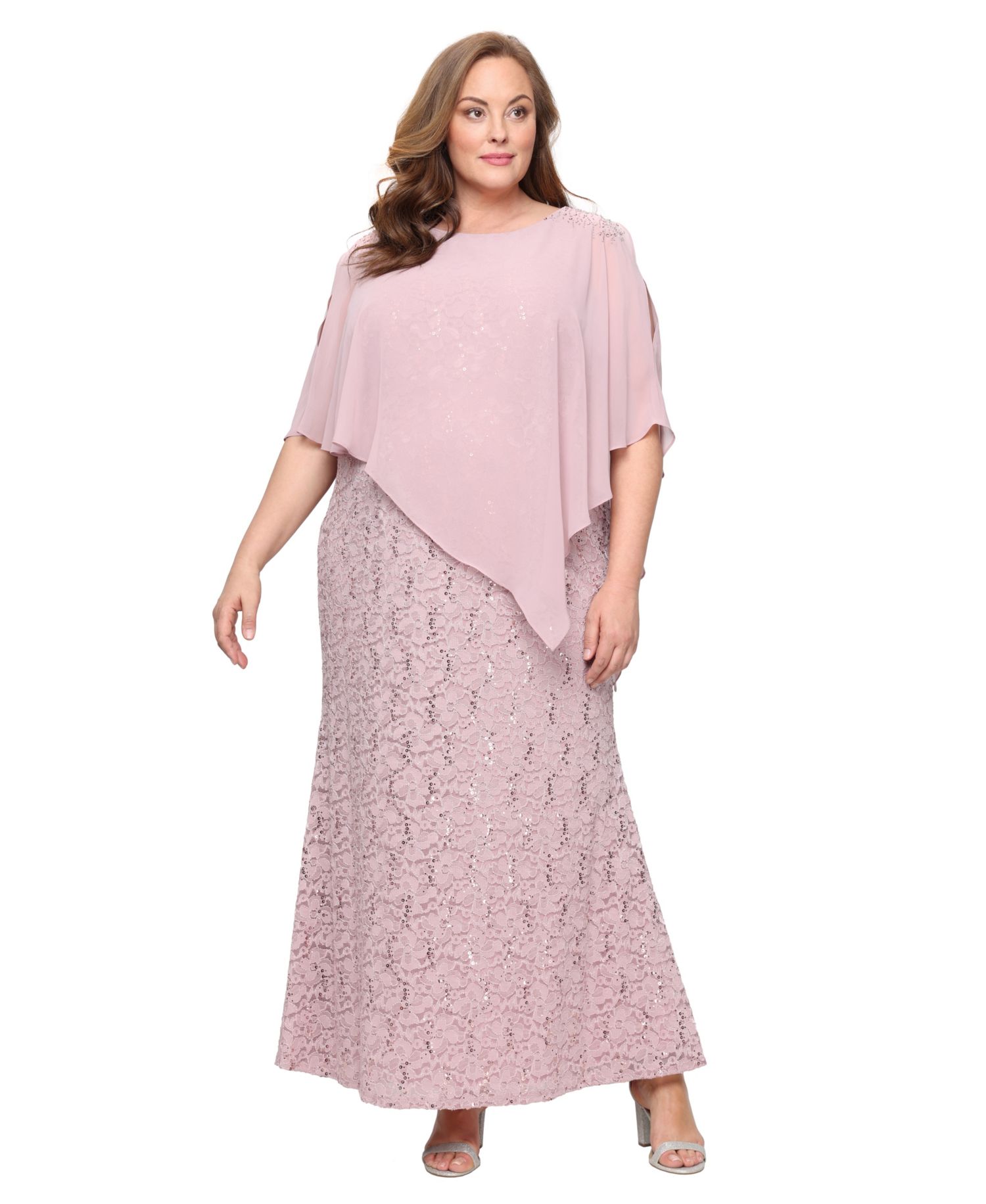 Plus Round-Neck Sequin Lace Cape Dress