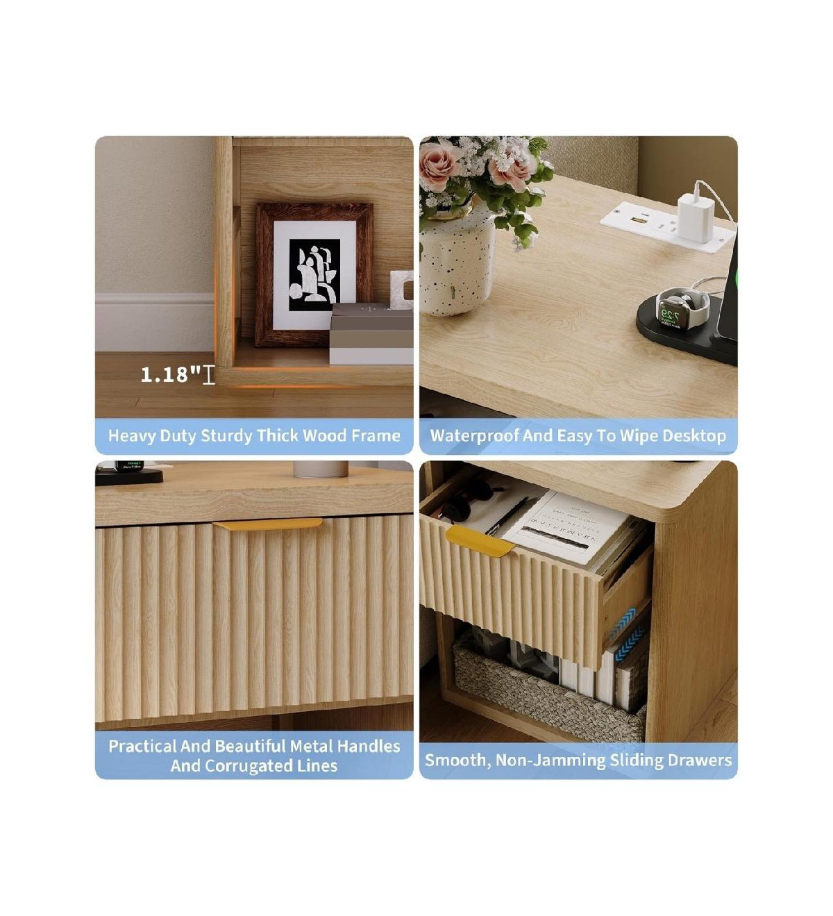 gaomon 1PC Natural Fluted Nightstand, Drawer Storage Bedside End Table with Usb Charging Station