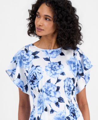 Women's Flutter-Sleeve Smocked-Waist Floral Top