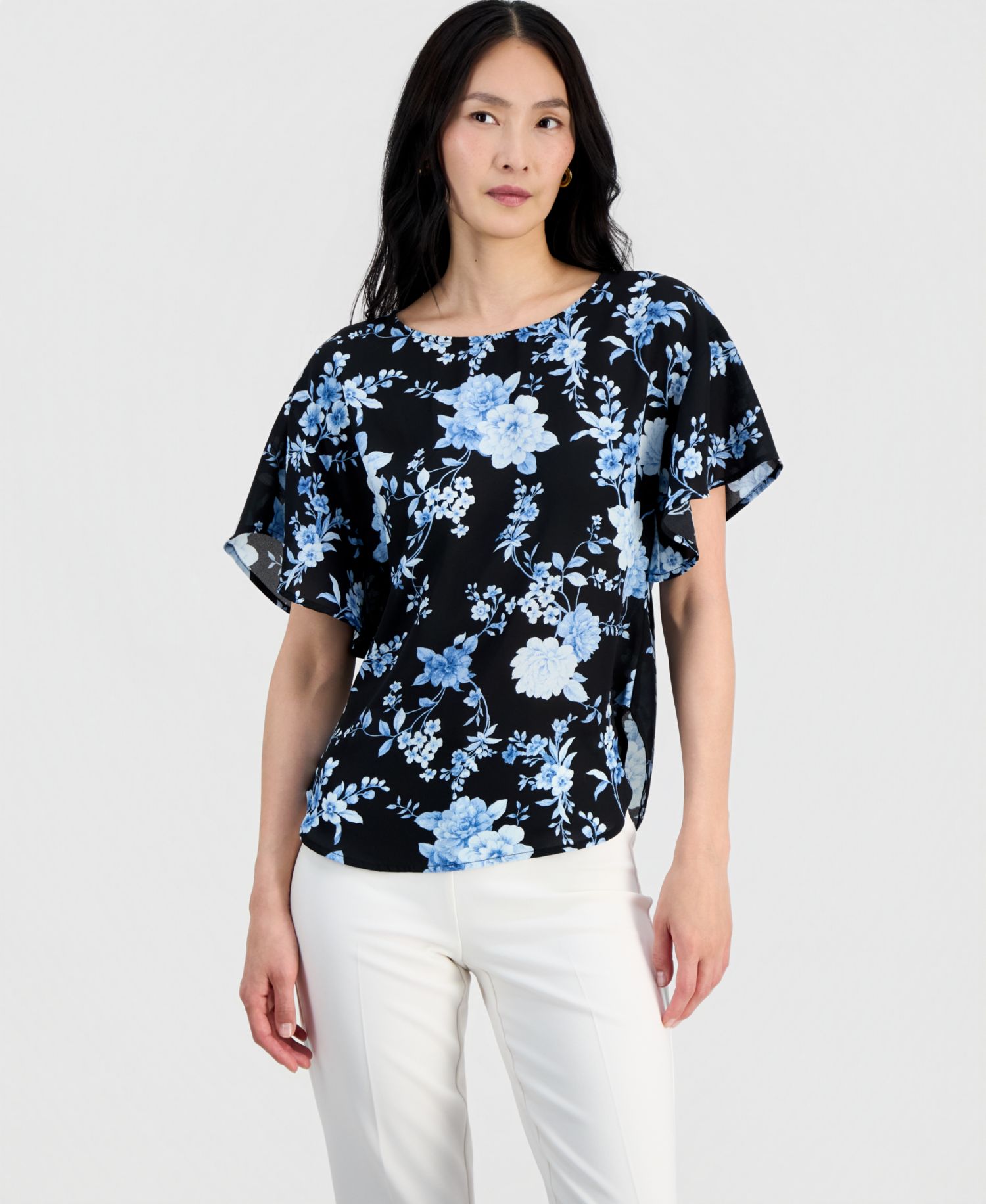 Petite Flutter-Sleeve Bateau Neck Blouse