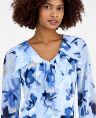Women's Printed Cascade Ruffle-Front Top