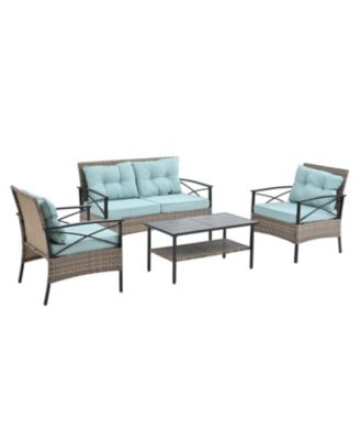 4 Piece PE Wicker Patio Furniture Set 2 Single Chairs 2 Seater Sofa with Black Metal Table Water UV Resistant Cushions