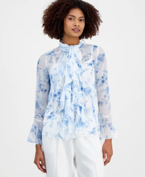 Petite Printed Ruffled Long-Sleeve Blouse - Bright White Multi